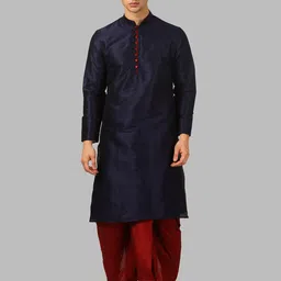 ROYAL KURTA Men Navy Blue And Maroon Solid Mandarin Collar Kurta With Dhoti Pant-picture-13