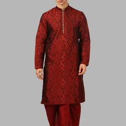 ROYAL KURTA Men Maroon Self Design Mandarin Collar Kurta With Dhoti Pants-51