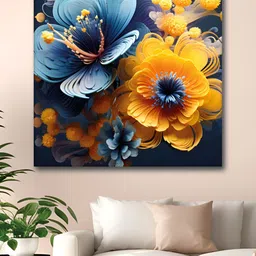 Myntra Elegant Homes Blue & Yellow Floral Printed Canvas Wall Art-25
