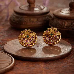 Jazz and Sizzle 24CT Gold Plated Ruby & American Diamond Peacock Shaped Temple Studs-17