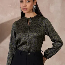 all about you Animal Print Tie-Up Neck Puff Sleeve Top-image-25
