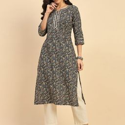 Azira Women Printed Keyhole Neck Flared Sleeves Thread Work Kurta-picture-6