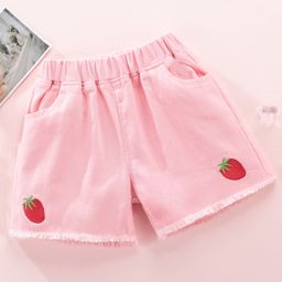 Kookie Kids Denim Mid Thigh Short Strawberry Embroidered - Pink-image-70