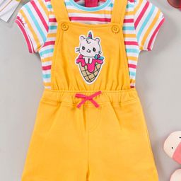 Babyhug Half Sleeves T-Shirt With Dungaree Striped - Yellow-image-44