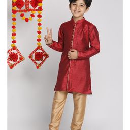 Vastramay Full Sleeves Motif Kurta Pyjama  - Maroon And Rose Gold-image-71