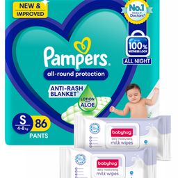 Pampers All round Protection Pants, Small size baby diapers (S) 86 Count, Lotion with Aloe Vera & Babyhug Daily Moisturising Milk Wipes - 24 Pieces - (Pack of 2)-18