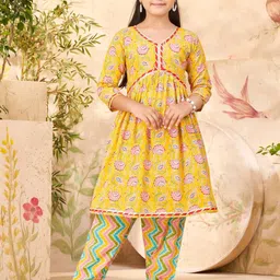 Muhuratam Girls Yellow Pure Cotton Kurta Sets-image-36
