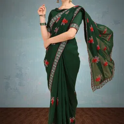 DIVASTRI Floral Embroidered Silk Blend Saree-image-90