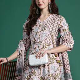 Indo Era Floral Printed Angrakha Beads and Stones Pure Cotton Kurta Set & With Dupatta-image-49