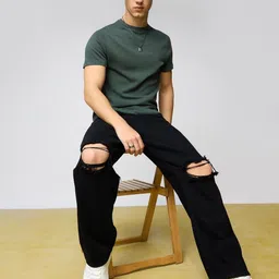 FREAKINS Men Wide Leg High-Rise Slash Knee Jeans-image-11