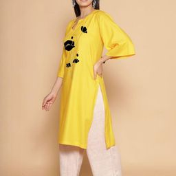LetsDressUp Women Floral Printed Yellow Rayon Kurta-image-58