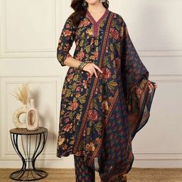 Ethnic 3 You Floral Printed Regular V-Neck Pure Cotton A-Line Kurta With Trouser & Dupatta-image-49