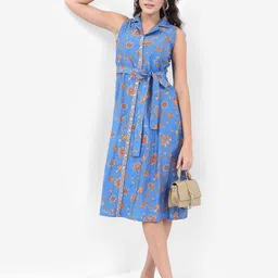Vishudh Women Floral Printed Tie-Ups A-Line Midi Dress-image-90