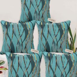 Blue Grass Green & Gold-Toned Set Of 5 Floral Velvet Square Cushion Covers-image-95