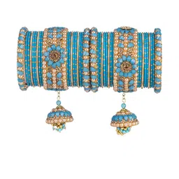 Mamon Creations Set Of 38 Gold-Plated & Turquoise Blue Alloy Zircon Bangles-picture-20