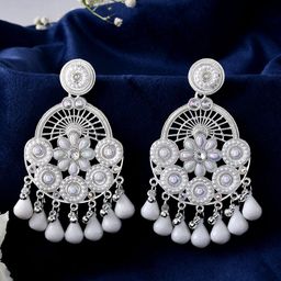 Anouk Stainless Steel Silver-Plated Kundan Oxidised Floral Shaped Chandbalis-25