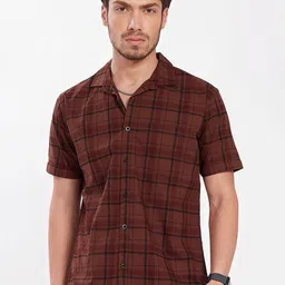 DIVISIVE Men Comfort Slim Fit Tartan Checked Spread Collar Cotton Casual Shirt-picture-0