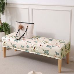 HOKIPO Cream-Colored & Green Printed Velvet Stretchable Dining Bench Slipcover-picture-21