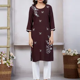MISS CLOTHING Women Floral Embroidered Thread Work Straight Knee Length Kurta-image-85