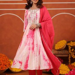 SCAKHI Women Bandhani Printed Thread Work Anarkali Kurta with Trousers & Dupatta-image-44