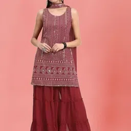 PARROT CREATION Geometric Embroidered Georgette Straight Kurti With Sharara & Dupatta-image-94