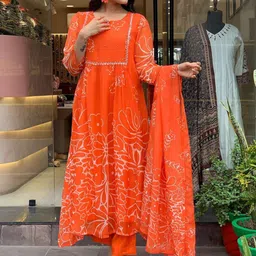 Gilori Floral Printed Beads & Stones Georgette Anarkali Kurta With Trousers & Dupatta-44