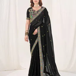 House of Pataudi Ethnic Motifs Embroidered Sequinned Pure Georgette Saree-picture-41