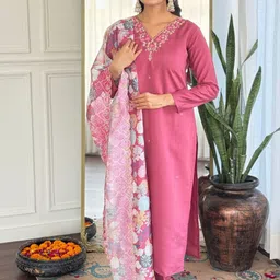 KALINI Floral Embroidered V-Neck Straight Thread Work Kurta With Trousers & Dupatta-image-27