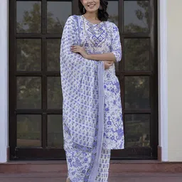 Jaitpuriya Floral Printed Pure Cotton Straight Kurta With Trousers & Dupatta-picture-52