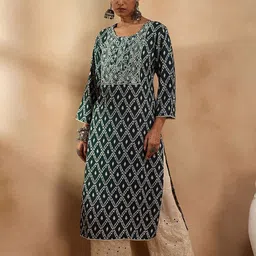 Indo Era Women Geometric Printed Mirror Work Indigo Kurta-picture-22