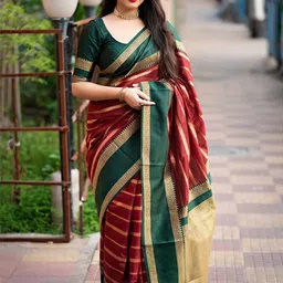 AMRUTKALA SAREES Striped Woven Design Banarasi Saree with Blouse Piece-image-70