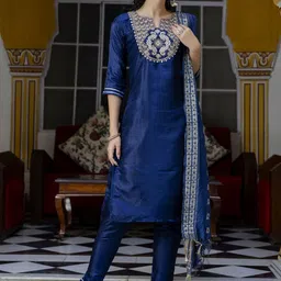 VredeVogel Floral Embroidered Round Neck Straight Kurta With Trouser With Dupatta-picture-48