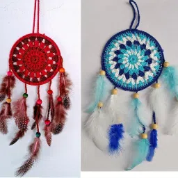 Combo set of 2 Dreamcatchers Blue White & Pink Brown 4 inch Crochet Design Wool Dream Catcher-4