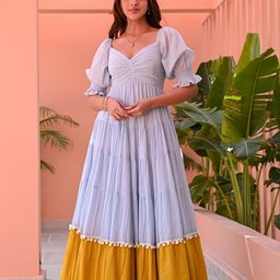 Bunaai Women Blue Mustard Cotton Ethnic Dresses-image-61