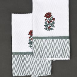 JAYPORE White & Green Floral Printed Block Print Rectangle Cotton 210 GSM Towel Set image 4