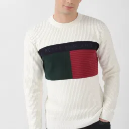 Men Colorblock Round Neck White Sweater-image-4
