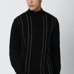 Men Striped High Neck Black Sweater-image-55