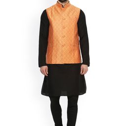 KISAH Men Black Self Design Kurta with Churidar & Nehru Jacket-picture-3