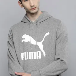 Puma Men Grey Melange Classics Logo Printed Hooded Sweatshirt-image-15