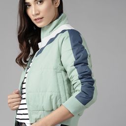 Roadster Women Green White Striped Bomber Jacket-picture-29