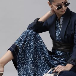 Indo Era Women Navy Blue & Off White Ethnic Motifs Printed Indigo Straight Kurta-image-23
