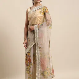 HERE&NOW White Floral Printed Sequinned Organza Saree-picture-38