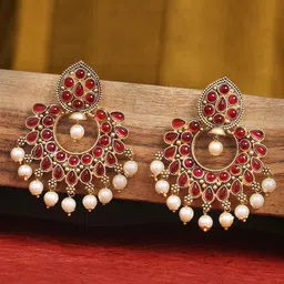 OOMPH Red & Gold-Toned Floral Chandbalis Earrings-image-58
