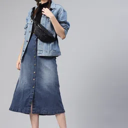 SASSAFRAS Blue Washed Midi Denim Pure Cotton A-Line Skirt-image-49
