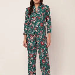 Moomaya Teal Green Satin Floral Print Shirt With Pyjamas-picture-20
