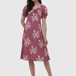 Fabindia Dusty Pink Printed A-Line Dress-image-49