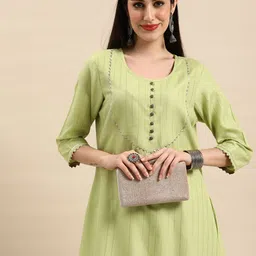 Anouk Women Lime Green Striped Gotta Patti Kurta with Palazzos-picture-37