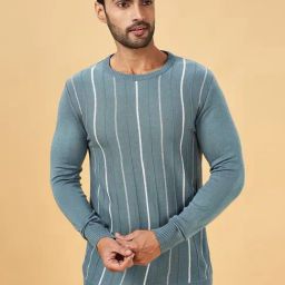 YU by Pantaloons Sky Grey Regular Fit Striped Sweater-image-81