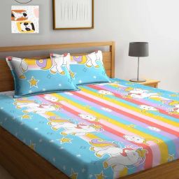 Klotthe Printed Sky Blue 210 TC Cotton Blend Double 2 Bed Sheets with 4 Pillow Covers-image-65