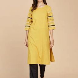 Fabindia Mustard Cotton Embroidered Straight Kurta-image-14